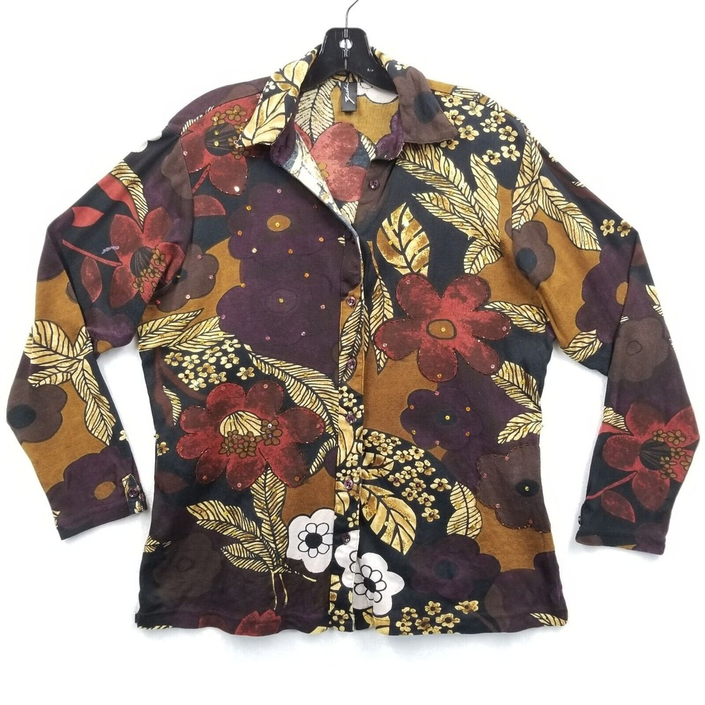 Vintage Zashi Blouse Women XL Floral Cotton Sequin Beaded Groovy‎ Retro Hippie